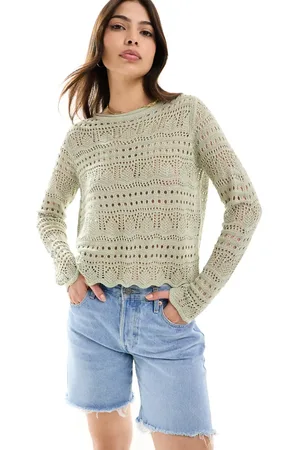 JDY Boatneck broderie long sleeve top in sage-Green