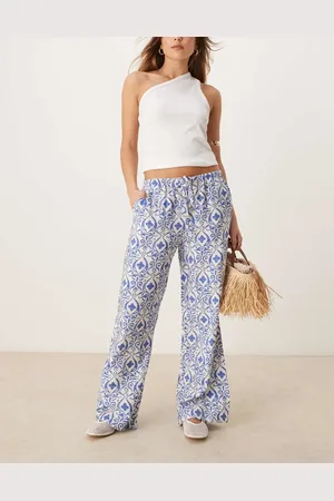 JDY Tie waist wide leg pants in blue tile print-White