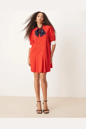 Sister Jane Contrast bow pleated mini dress in red