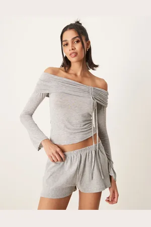 Gina Tricot Off shoulder top with ruched channel detail and fluted sleeves in