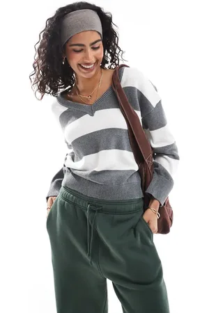 Cotton On Cotton On v neck preppy jumper in grey and white stripe-Yellow