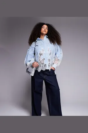 ASOS Curve pearl embellished denim shirt with lace details in mid wash