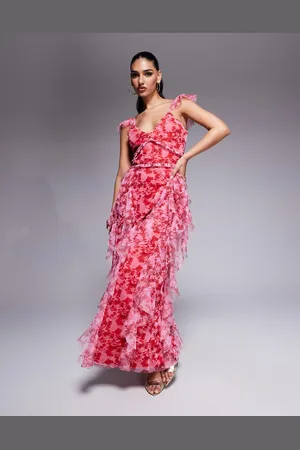 Lace & Beads Ruffle midaxi tulle dress in red and pink floral