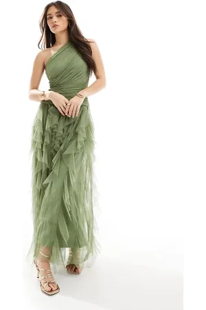 Lace & Beads Bridesmaid one shoulder waterfall ruffle maxi dress in -Green