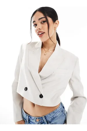 Bershka Double button cropped blazer in -Neutral