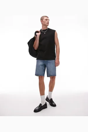 Topman Denim straight leg shorts with raw hem in