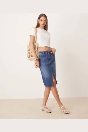 JDY Low waist denim pencil skirt in mid blue