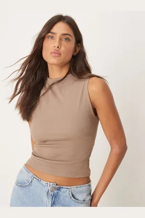 Gina Tricot Jersey sleeveless funnel neck top in light brown-Neutral