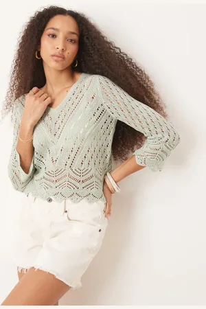 JDY Open knit scallop edge top in