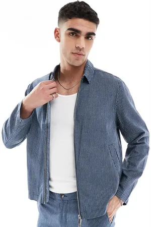 New Look Linen look striped harrington jacket in blue (part of a set)