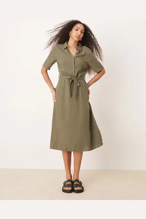 JDY Linen mix midi shirt dress in -Green