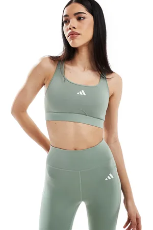 adidas Adidas Training Power React mid support sports bra in silver green
