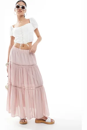 New Look Lace insert crinkle tiered midi skirt in pink