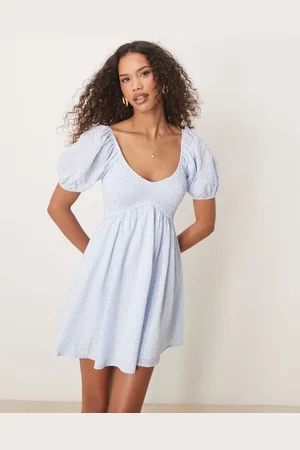 Kiss The Sky Babydoll shirred mini dress in blue and white-Multi