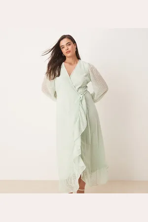 VILA Dobby wrap maxi dress with frill detail in sage green
