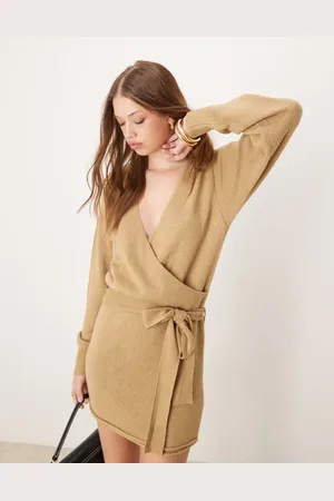 Glamorous Wrap knitted mini dress in khaki-Green