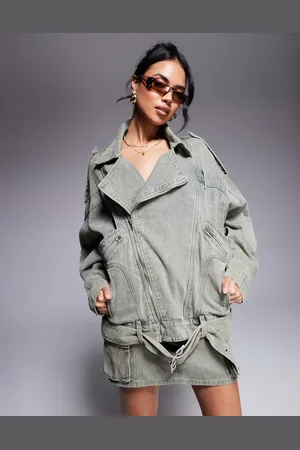 Liquor N Poker Oversized denim biker jacket in washed -Green