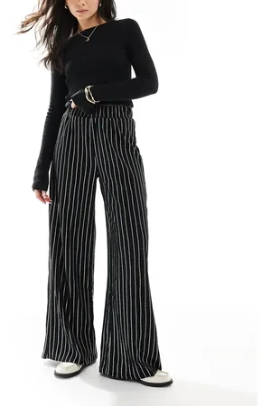 ONLY Wide leg textured pants in black pinstripe