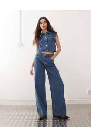 Noisy May Robie high waisted baggy jeans with flare insert in mid blue (part of a set)