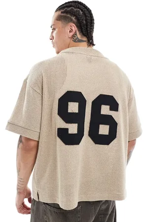 River Island Crochet baseball shirt in stone-Neutral