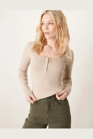 Gina Tricot Jersey long sleeve top with concealed front button detail in light mole-Neutral