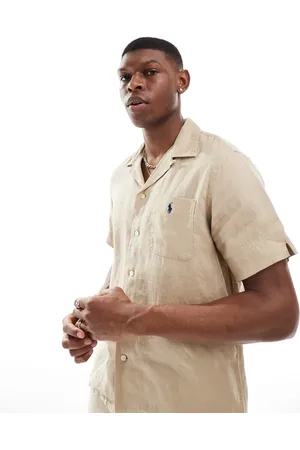 Ralph Lauren Icon logo short sleeve revere collar linen shirt classic oversized fit in (part of a set)-Neutral