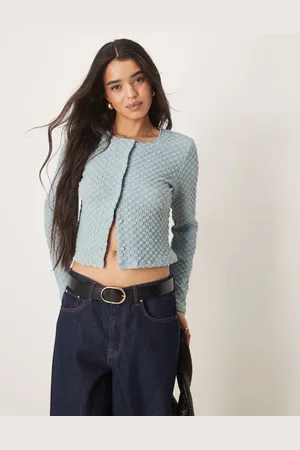 VILA Bubble textured cropped cardigan in kentucky blue