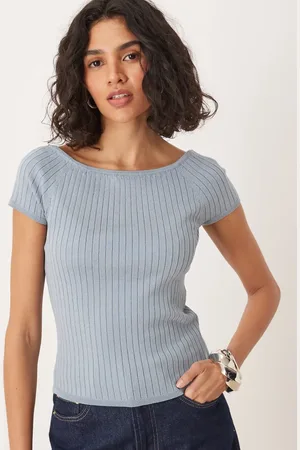 AWARE Ribbed knit off shoulder capped sleeve top in