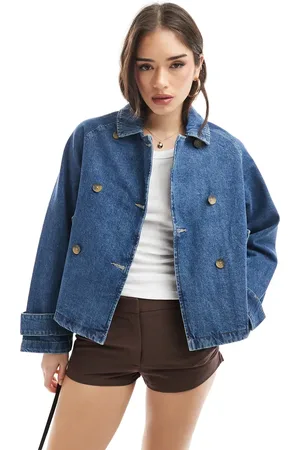 ONLY Short denim trench coat in mid blue