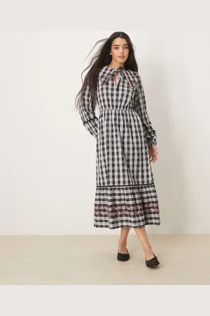Neon Rose Mutton sleeve smock midaxi dress in grey gingham