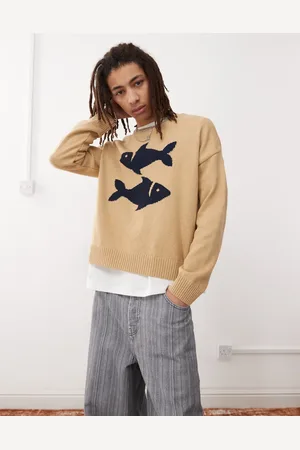 Reclaimed Crew neck knitted jumper with fisherman print in -White