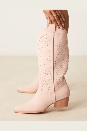 Glamorous Studded western knee boots in cream-Pink