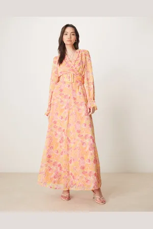 VILA Chiffon wrap maxi dress in orange floral print-Multi