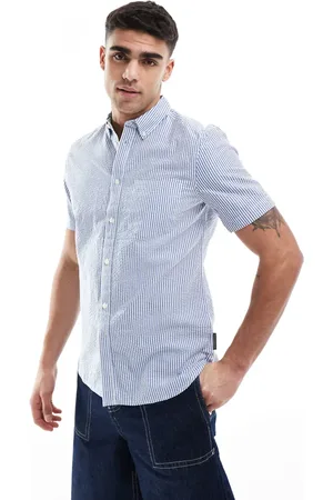 French Connection French Connection short sleeve linen pocket shirt in blue seersucker