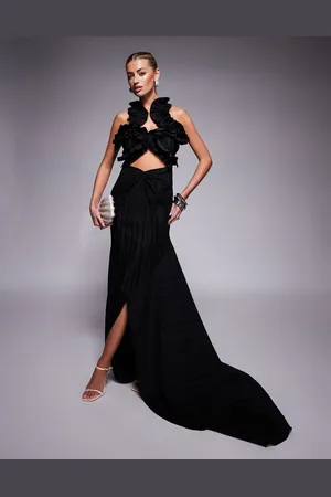 ASOS Premium ruffle bust plisse faux-ord maxi dress with train in