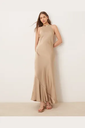 VILA Sleek satin halter maxi dress in beige-Neutral