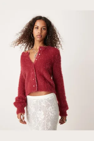 Free People Fluffy jewelled button cardigan in deep red