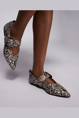 River Island Pointed buckle detail ballet shoes in snake print-Grey