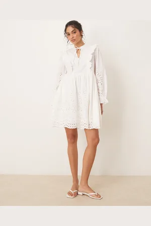 Y.A.S Broderie cutwork detail tie neck mini dress in white