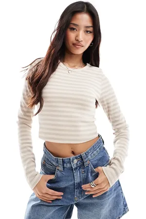 JJXX Feline ribbed cropped long sleeve t-shirt in beige stripe-Neutral