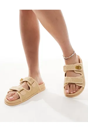 ASOS Fawn footbed sliders with twist lock in natural-Neutral
