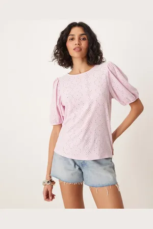 VILA Broderie t-shirt with puff sleeve detail in orchid pink