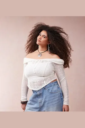 ASOS ASOS DESIGN Curve lace off the shoulder long sleeve top with tie detail-White