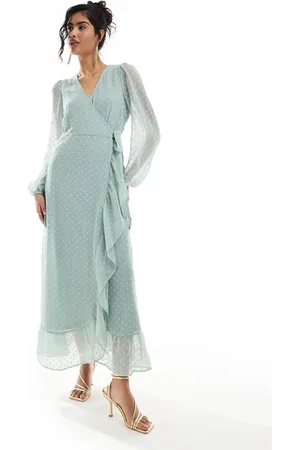 VILA Bridesmaid dobby wrap maxi dress with frill detail in sage green