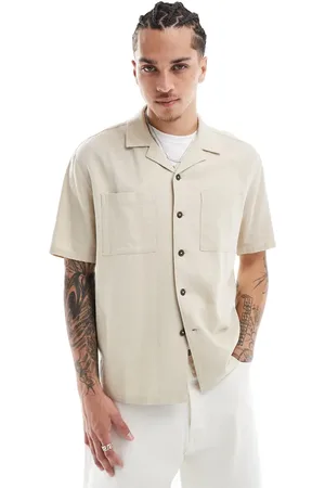 New Look Double pocket boxy linen-blend shirt in off white-Neutral