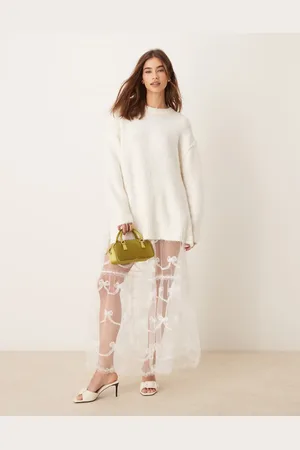Miss Selfridge Sheer bow detail maxi skirt in ivory