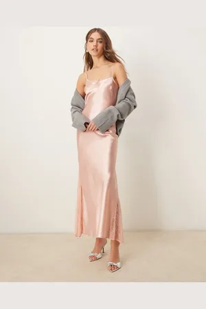 Miss Selfridge Satin lace mix maxi slip dress in light pink
