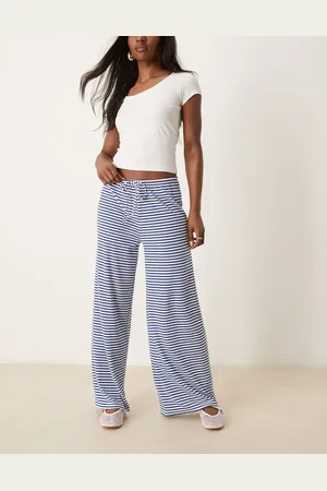Gina Tricot Supersoft jersey wide leg pants with drawstring waist in blue and white stripes