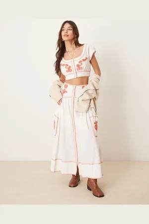 Free People Embroidered boho co-ord skirt and blouse set in ivory-White