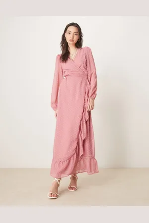 VILA Dobby wrap maxi dress with frill detail in rose pink